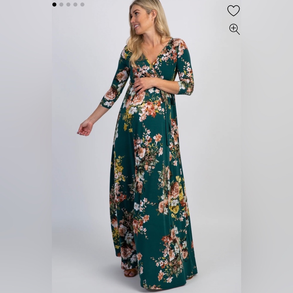 PinkBlush Green Rose Print Sash Tie Maternity Maxi Dress